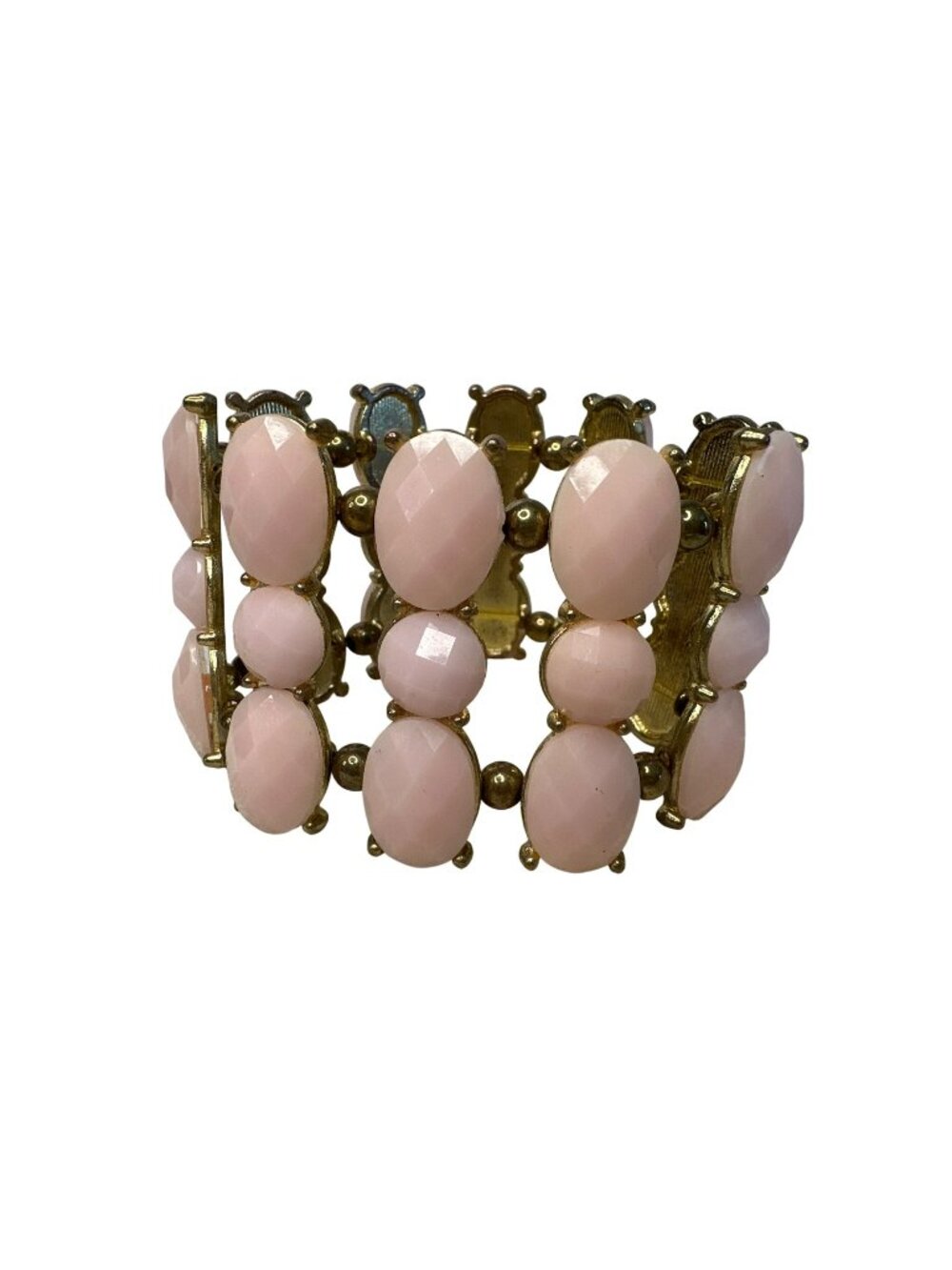 Pastel Pink Bracelet Beaded Stretch Gold-Tone Faceted Oval Beads Chunky